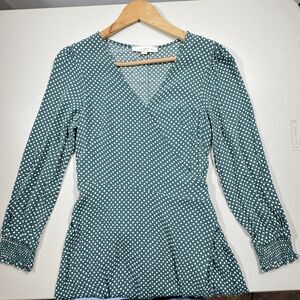 LOFT Petite‎ Green White Polka Dot Wrap V Neck Long Sleeve Dress Tie Waist